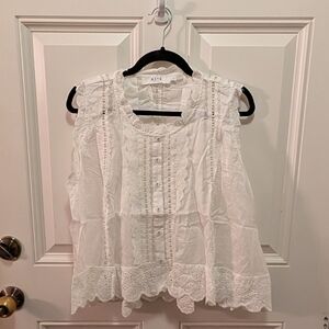Astr White Lace Trim Button Front Sleeveless Blouse